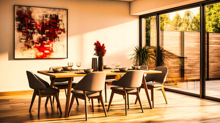 Contemporary Dining Room with Streamlined Furniture and Bold Artwork,