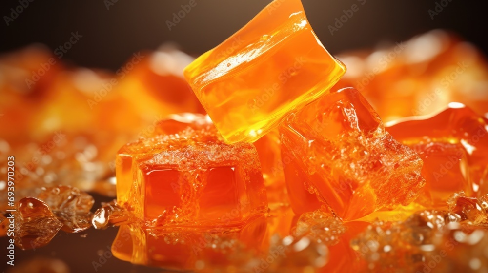 Poster a close-up view of a pile of orange gummy candies. can be used in various creative projects and desi