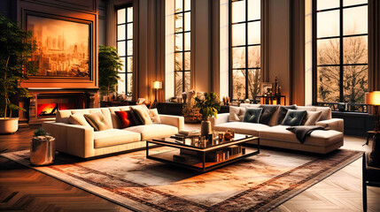 Elegant Living Room with Plush Furnishings and Layered Rugs