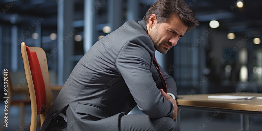 Poster a man in a suit sitting at a table. suitable for business and professional concepts