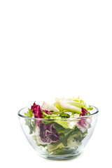 Healthy salad with cabbage and tomatoes on a white background