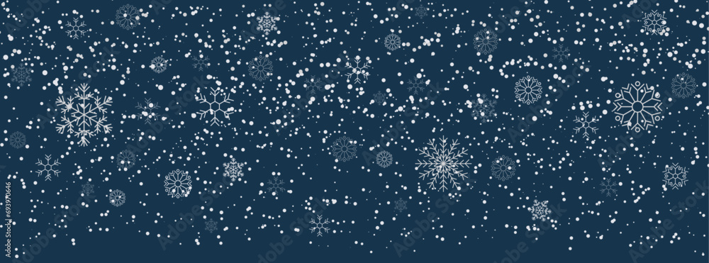 Poster realistic vector snow overlay background. snowflakes border. snowfall banner.