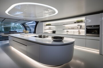 A sleek and futuristic kitchen with smart appliances, minimalist design, and hidden storage solutions, catering to a contemporary lifestyle.