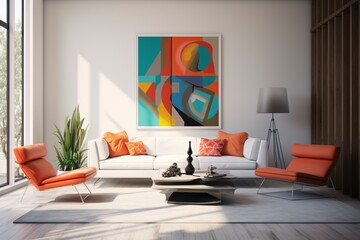 A sleek, minimalist living room bathed in natural light, featuring geometric furniture and vibrant accent colors.