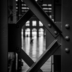 View of people through cast iron structure with rust in black and white BW