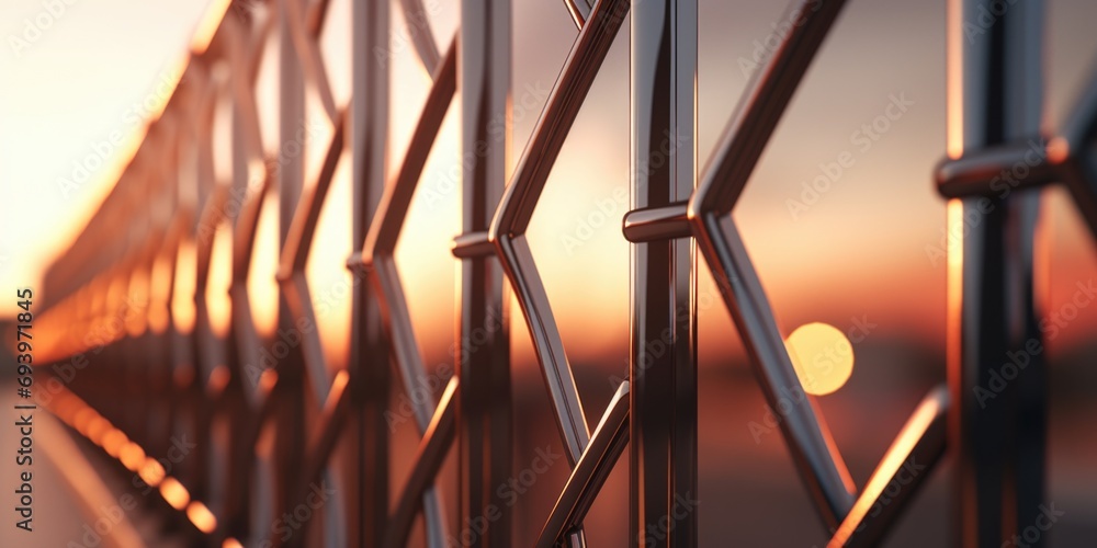 Poster A close-up view of a metal fence with a beautiful sunset in the background. Perfect for adding a touch of warmth and tranquility to any project