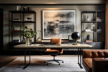 A stylish home office with a mix of vintage and modern furniture, curated artwork, and a seamless blend of functionality and aesthetics.