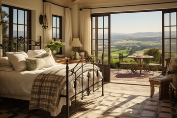 Fototapeta premium A sun-drenched bedroom with a wrought-iron bed frame, adorned with handmade quilts and surrounded by windows overlooking rolling hills