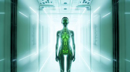 A cybernetic android standing in a futuristic clean room.
