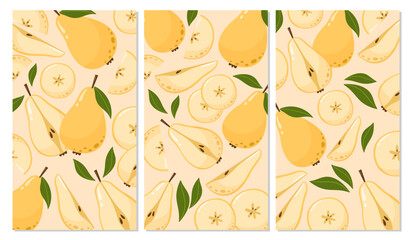 Set of pear backgrounds. Summer fruit vector illustration in cartoon flat style. For banner, poster, flyer, stories