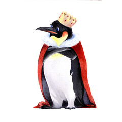 King penguin in a red robe. Watercolor illustration