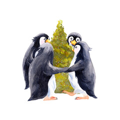 Penguins dance around the Christmas tree. Watercolor illustration