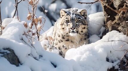 snow leopard in a winter landscape - obrazy, fototapety, plakaty