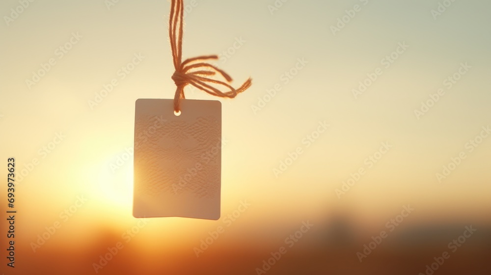 Aufkleber A tag hanging from a string with the sun setting in the background. This versatile image can be used for various purposes