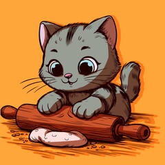 Vector of a cute cat baking and cooking biscuits. Drawing of an anthropomorphic animal kneading the dough.