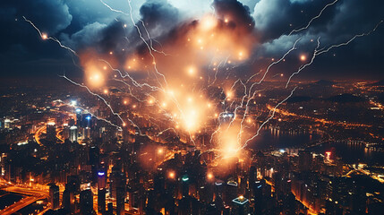 Stormy weather with lightning over the city created with Generative AI technology - obrazy, fototapety, plakaty