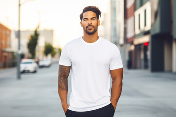 Casual lifestyle tee mockup, model wearing a relaxed-fit t-shirt against an urban backdrop, capturing the essence of everyday comfort and style.