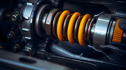 Closeup of springs, shock absorbers rad shock Absorbers focus on suspension generativ ai - obrazy, fototapety, plakaty