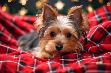 Silky Terrier Cozy on Christmas Blanket