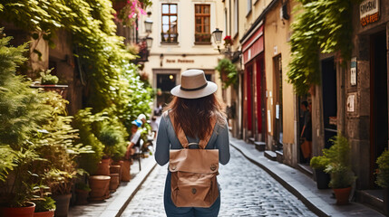 Girl with hat and backpack walking in the street created with Generative AI technology - obrazy, fototapety, plakaty