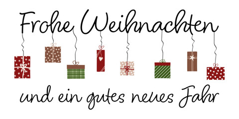 Frohe Weihnachten und ein gutes neues Jahr  - Schriftzug in deutscher Sprache. Grußkarte mit bunten Geschenken. - obrazy, fototapety, plakaty