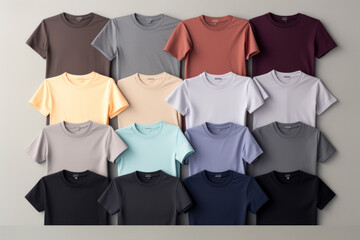 Monochromatic tee ensemble, a set of t-shirt mockups in various shades, neatly arranged on a minimalist display, showcasing versatility in color options. - obrazy, fototapety, plakaty
