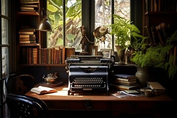 A sun-drenched study with a weathered wooden desk, a vintage typewriter, and shelves filled with a curated collection of antique books