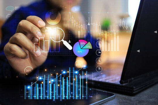 Business data analysis market research concept with businessman writing on graph and bar chart to analyze economic information in candle bar around the world on utc coordinate time analytic dashboard