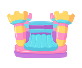 Trampoline bouncy castle on kids playground vector illustration. Children game center in mall. Indoor or outdoor kids play zone. Active leisure fun happy childhood concept