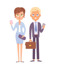 Business woman and man with phone cartoon vector illustration. Elegant smart confident professionals at office, Women and men in politics and business. Work, career, success. Diverse leadership team