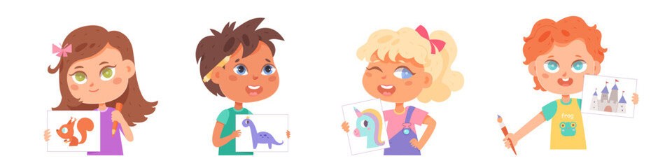 Cute kids show pictures painting by them at school or home. Young painters. Children art. Creative kids. Learning, enjoy, education, playing concept. Cartoon vector illustration set