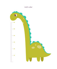 Kids height ruler in inches with dinosaur for growth measure. Cute cartoon cheerful tall animal vector illustration isolated on white background. Children wall sticker for kindergarten or home
