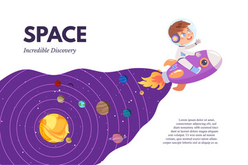 Astronaut on rocket spaceship with purple trail and planets of solar system. Startup, creative idea, new product launch concept. Template for business presentation. Cartoon vector illustration