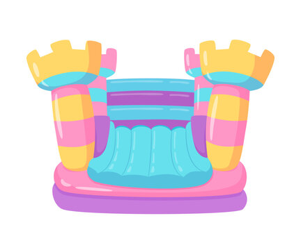 Trampoline bouncy castle on kids playground vector illustration. Children game center in mall. Indoor or outdoor kids play zone. Active leisure fun happy childhood concept