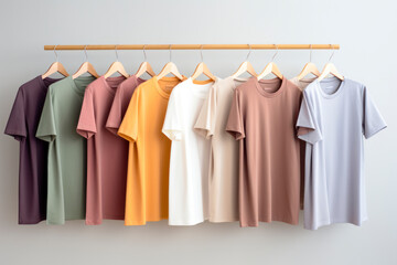 Monochromatic tee ensemble, a set of t-shirt mockups in various shades, neatly arranged on a minimalist display, showcasing versatility in color options.