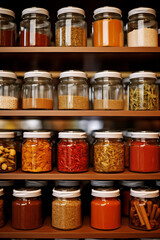 Rows of glass jars full of various spices. Kitchen shelves with a variety of condiments for gourmet cooking. AI-generated