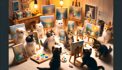 A photograph of a group of playful kittens organizing a small art exhibition, each displaying its own miniature canvas - obrazy, fototapety, plakaty