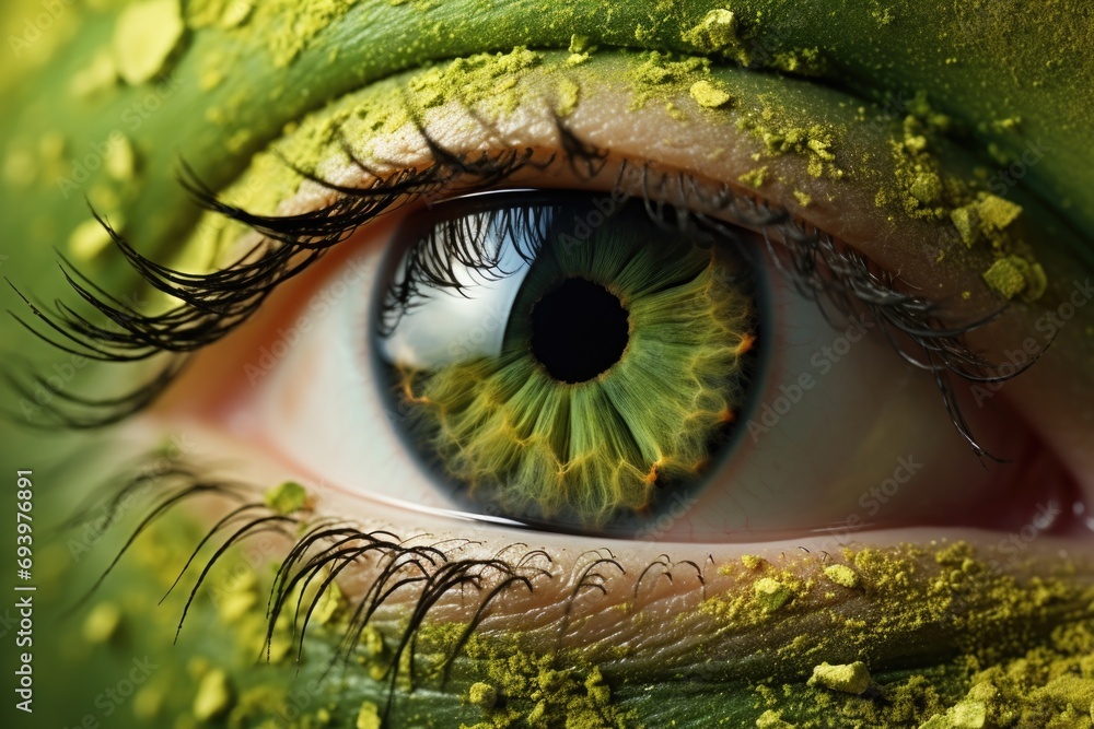 Poster A close-up shot of a person's eye with vibrant green paint on it. This image can be used to add a touch of creativity and uniqueness to various projects