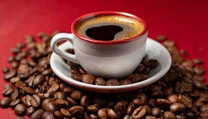 Cup of coffee over red background