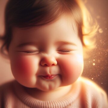 Close-up image of rosy cheeks baby in warm lighting 