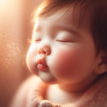 Close-up image of rosy cheeks baby in warm lighting 