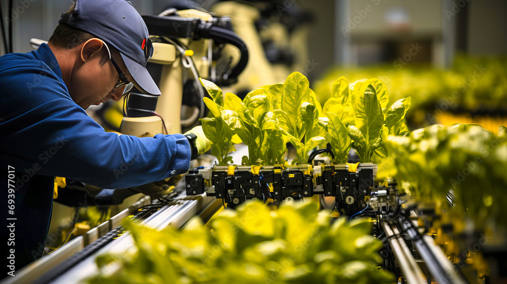 Poster technician monitoring automated machinery for efficient lettuce cultivation in a high-tech greenhous