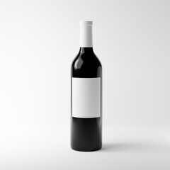 Glass bottle of red wine with blank label isolated over white background. Mockup template. 3d rendering.