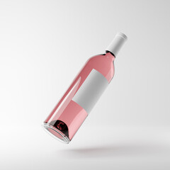 Falling glass bottle of rose wine with blank label isolated over white background. Mockup template. 3d rendering.