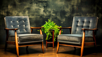 Elegant Vintage Armchairs with Soft Upholstery Flanking Lush Fern on Wooden Side Table Artistic Grunge Wall