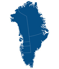 Greenland map. Map of Greenland divided into five regions in blue color © Supatra