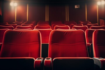 A row of red seats in a theater