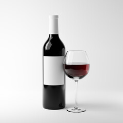 Bottle with blank label and glass of red wine isolated over white background. Mockup template. 3d rendering.