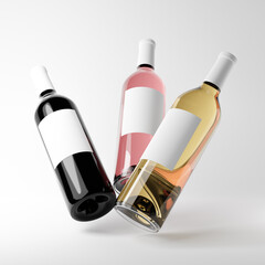 Falling glass bottles of red, rose and white wine with blank label isolated over white background. Mockup template. 3d rendering.