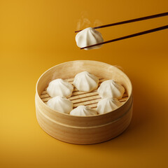 Chinese dumplings in a bamboo steamer box with chopsticks isolated over yellow background. 3D rendering.